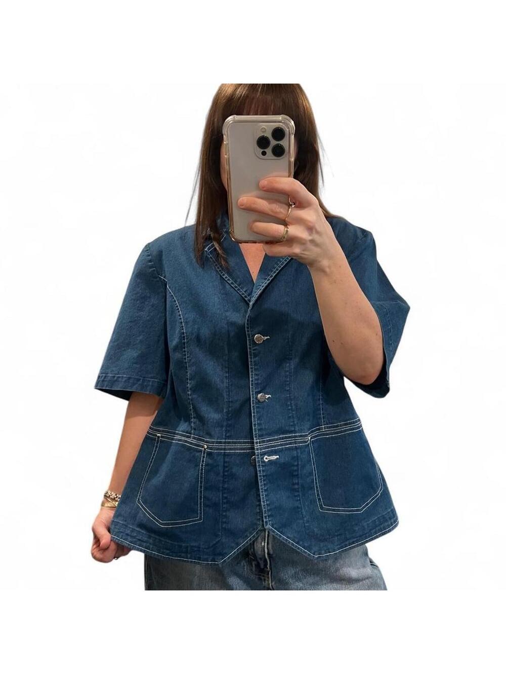 Vintage Y2K Dark Wash Denim Button Front Utility Top